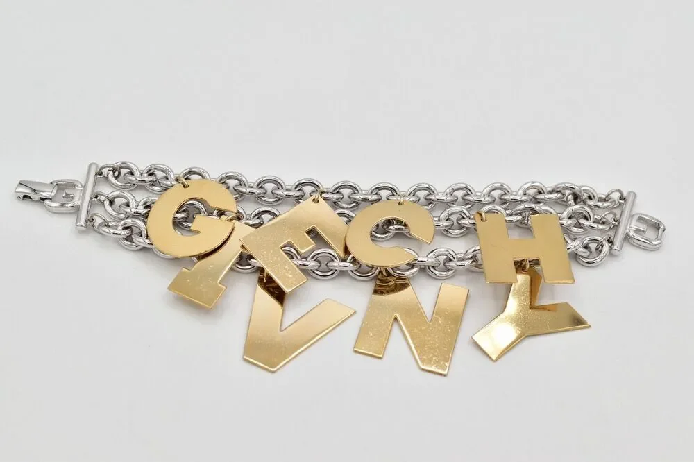 Givenchy Vintage Logo Charm Bracelet Gold Chunky Runway Rare Signed 1980s BinO